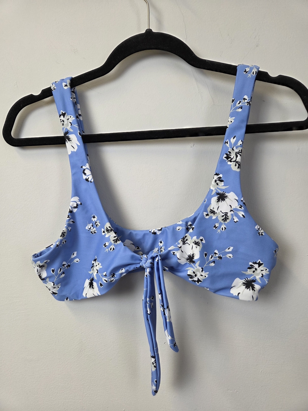 Zaful Blue Floral Tie-Front Bikini Top with White & Black Flowers